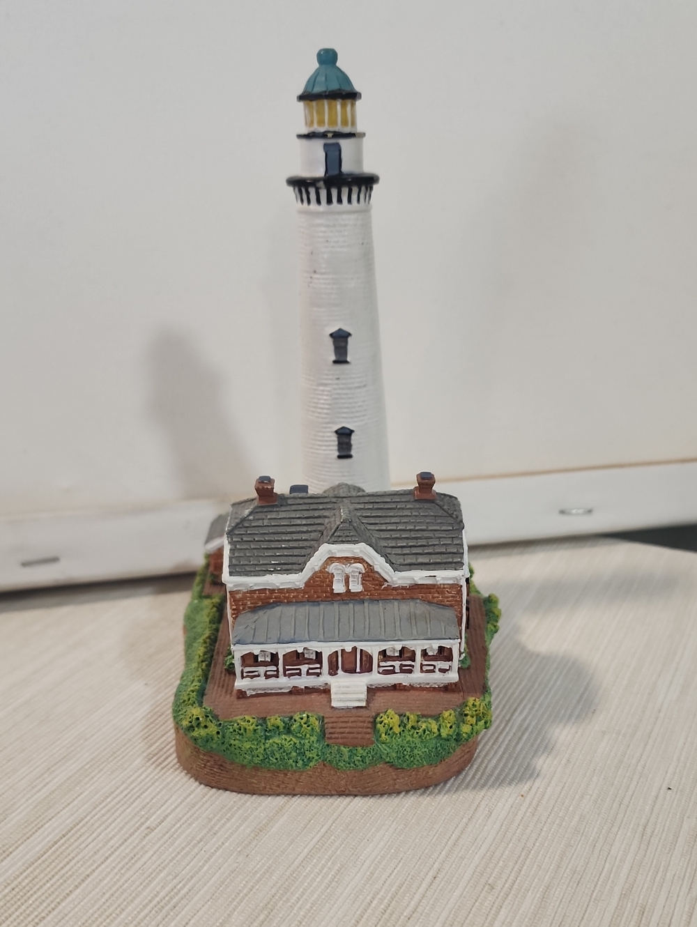 Hand-Painted Lighthouse Figurine in White, Gray, Green